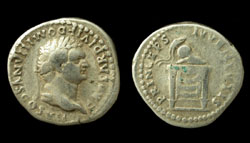 Domitian as Caesar, Denarius, Helmet on Throne reverse